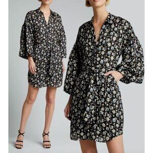 Veronica Beard Samy Floral Shirt Dress Black Multi $495 Linen Silk 00- No belt